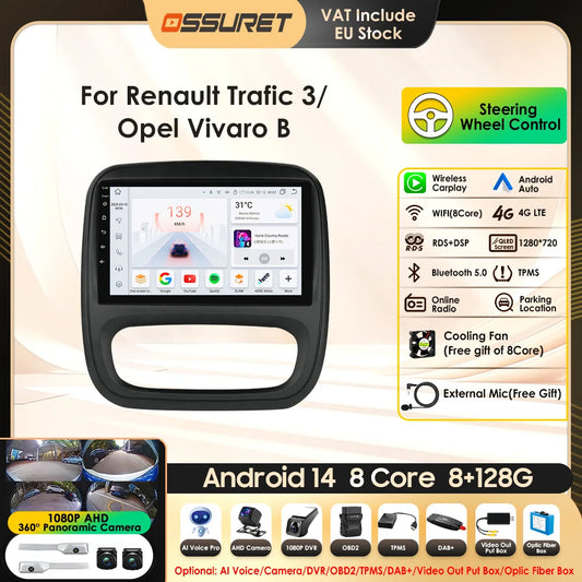 9" Wireless Carplay Android Auto Car Radio for Renault Trafic 3 Opel Vivaro B Multimedia Player GPS Navigation Stereo RDS DSP 4G