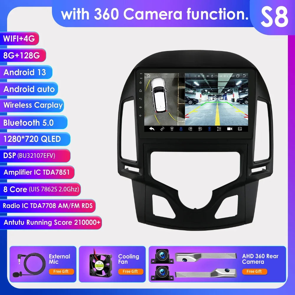 Android 13 Wireless Carplay for Hyundai I30 MT AT 2006 - 2011 9" Car Multimedia Player GPS Navi BT DSP 4G 2 Din Autoradio Stereo