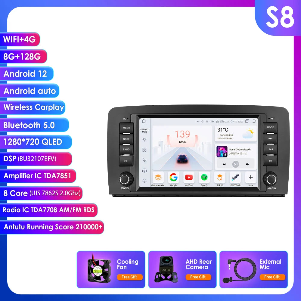8" Android 14 Car Multimedia Player Wireless Carplay Android Auto for Mercedes Benz R-Class W251 R300 R280 R320 R350 2006-2012