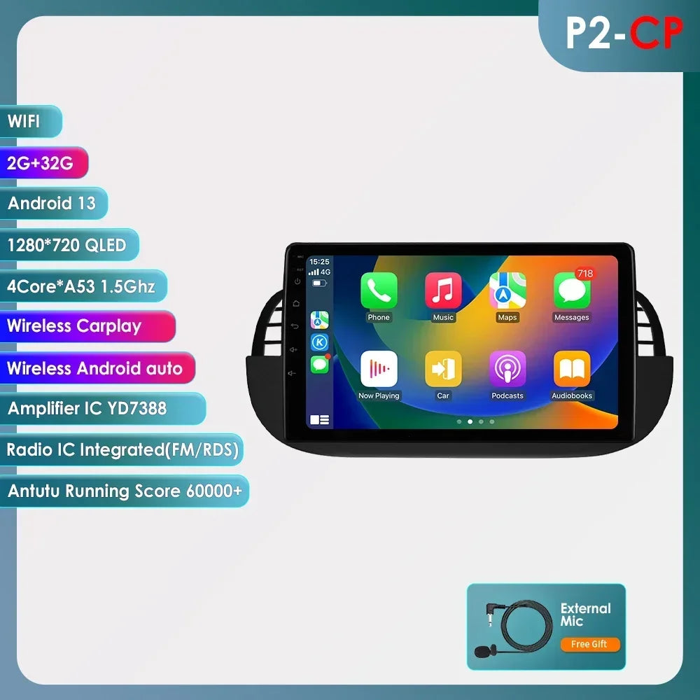 8 Core Android 13 Auto Car Radio Carplay for FIAT 500 2007-2014 Multimedia Video Player Stereo GPS Navi BT SWC RDS DSP 4G NO DVD