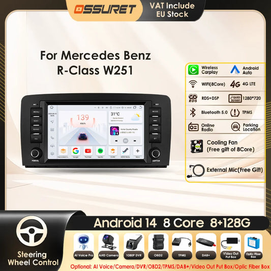 8" Android 14 Car Multimedia Player Wireless Carplay Android Auto for Mercedes Benz R-Class W251 R300 R280 R320 R350 2006-2012
