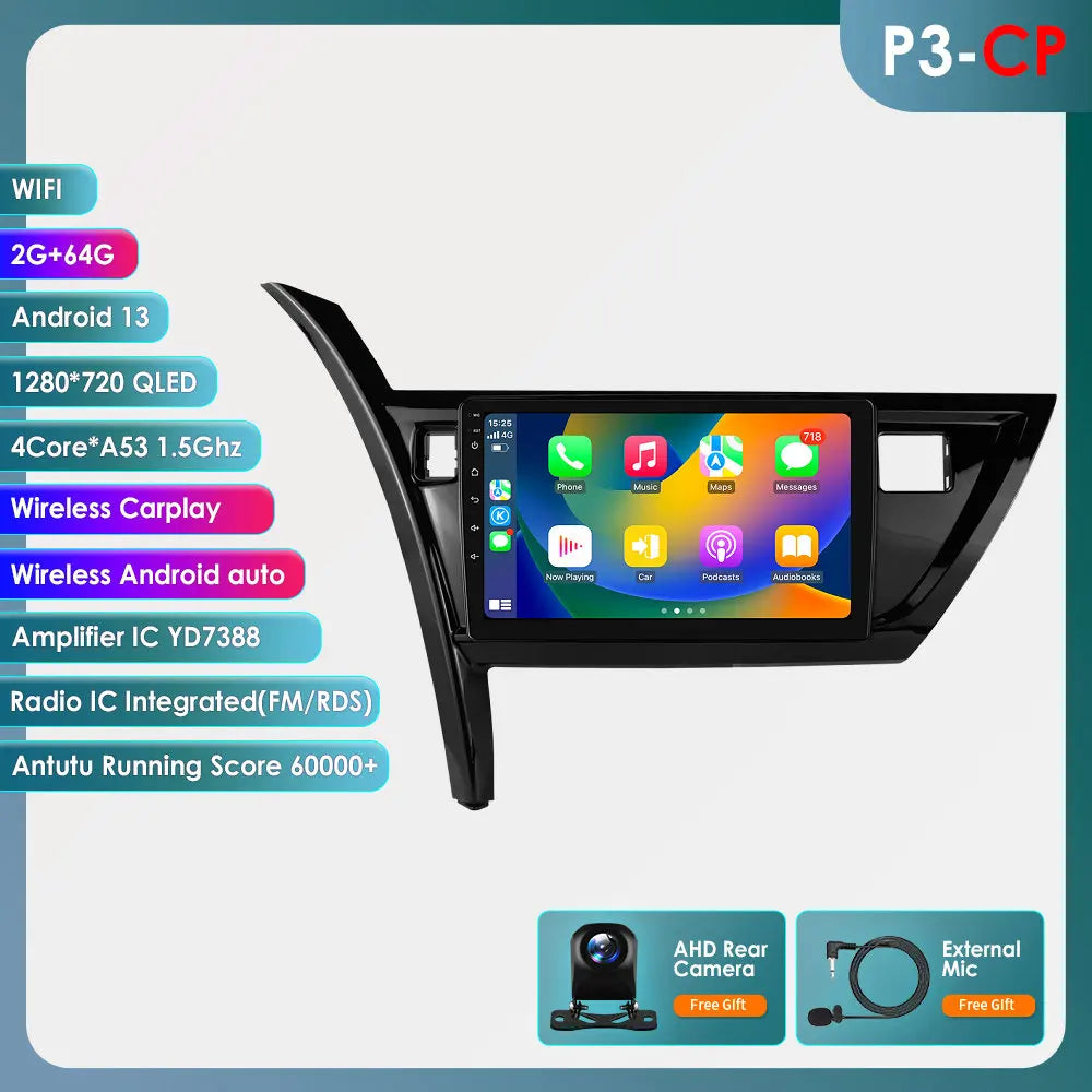 10.1" Android 14 Radio Car Multimedia 2 Din Wireless Carplay Android Auto for Toyota Corolla Auris 2013-2016 (Left Hand Driving)
