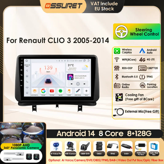 9" Wireless Carplay Radios Android Auto for Renault CLIO 3 2005 - 2014 Car Multimedia Video Player GPS Navi BT Stereo RDS 4G DSP