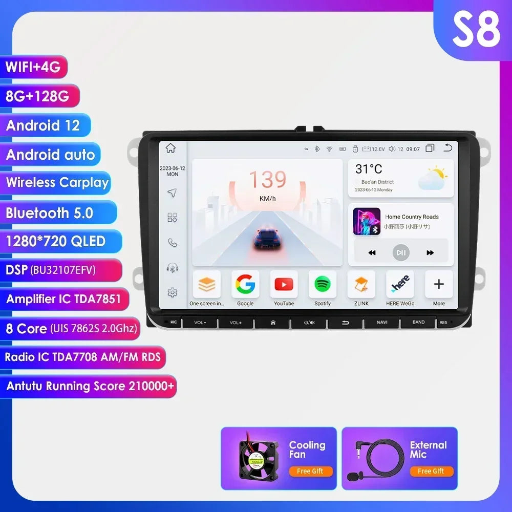 9" Radio 2din Android 14 Auto Carplay Car Multimedia Player for VW Volkswagen Golf Polo Tiguan Passat B7 B6 SEAT Leon 4G RDS BT