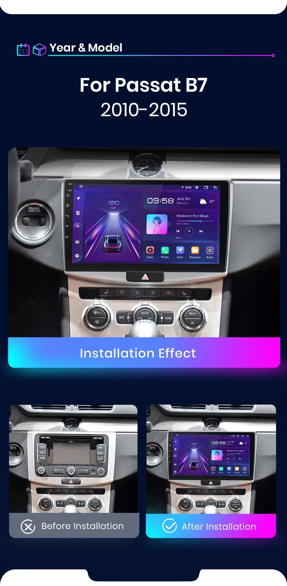 Junsun Android wireless CarPlay Auto Car Radio For Volkswagen Passat B6 B7 CC 2010-2015 Intelligent Systems DSP GPS FM BT SWC