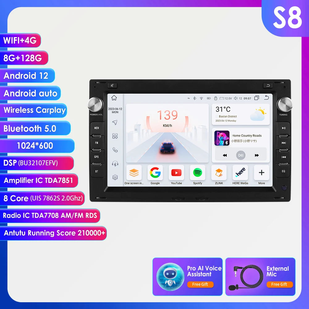 7 Inch Wireless Carplay Android Auto Android 14 Radio Car Multimedia for VW Golf 4 Passat POLO Transport T5 Multivan Seat Jetta