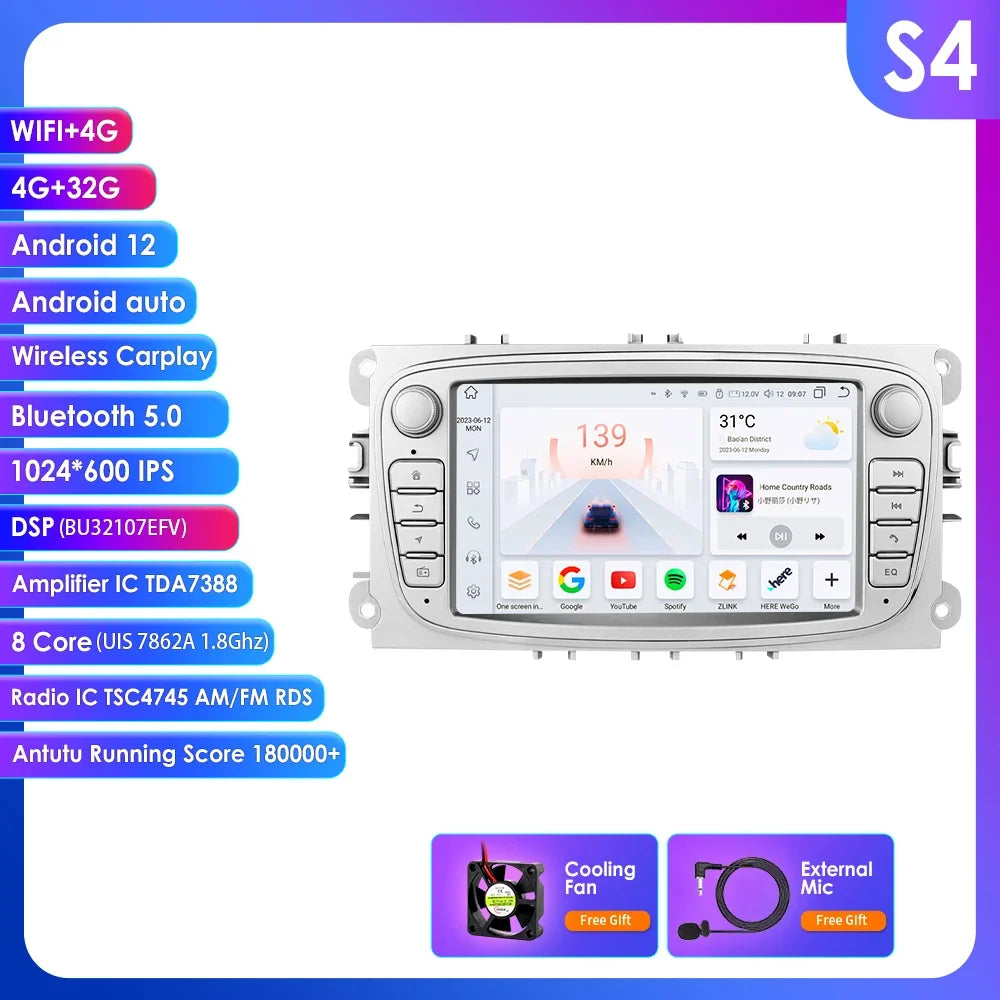 8G 128G 2 Din Carplay Android 13 for Ford Focus Mondeo Kuga C-MAX S-MAX Galaxy Car Radio Multimedia Player Audio Stereo GPS RDS