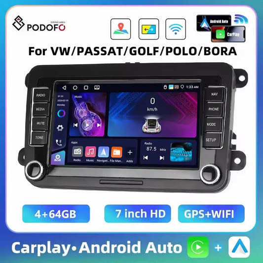 Podofo 4+64G 4Core Car Radio For VW/PASSAT/TOURAN/CADDY/BEETLE 2Din Car Stereo GPS Navigation Carplay Android Auto Car Audio