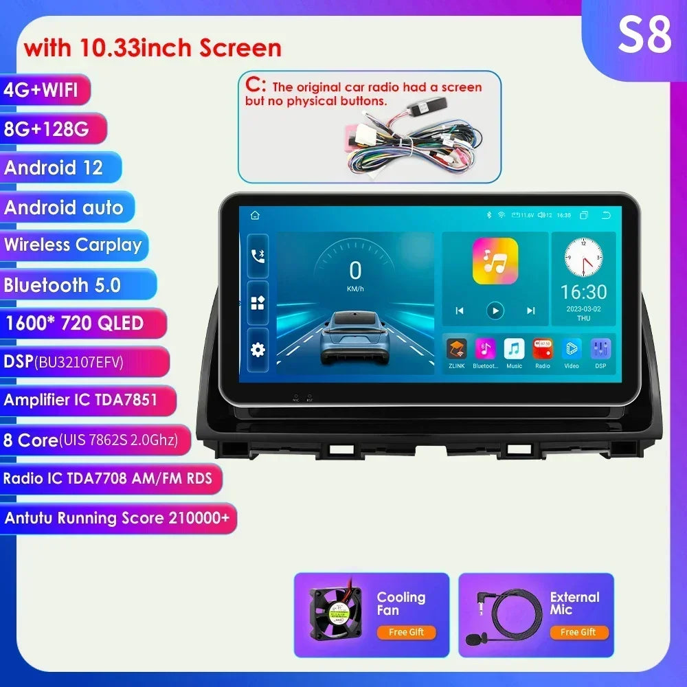 10.33'' Android 13 Car Multimedia Player for Mazda CX5 CX-5 2012-2015 Carplay 2 Din Autoradio GPS Navigation BT RDS 4G Head Unit