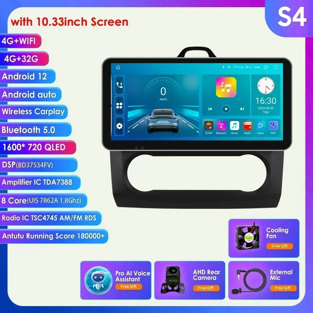 10.33" 2 Din Car Radio for Ford Focus Mk2 Carplay Android 13 Multimedia Video Player GPS Navigation Bluetooth Touch Screen RDS
