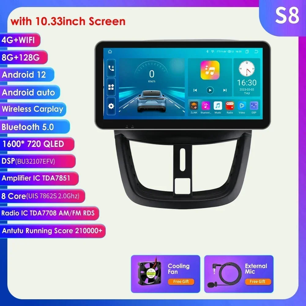 10.33" 8G+128G for Peugeot 207 207CC 2006 -2015 Android 13 2 Din Car Radio Multimedia Player Navigation Autoradio CarPlay Stereo