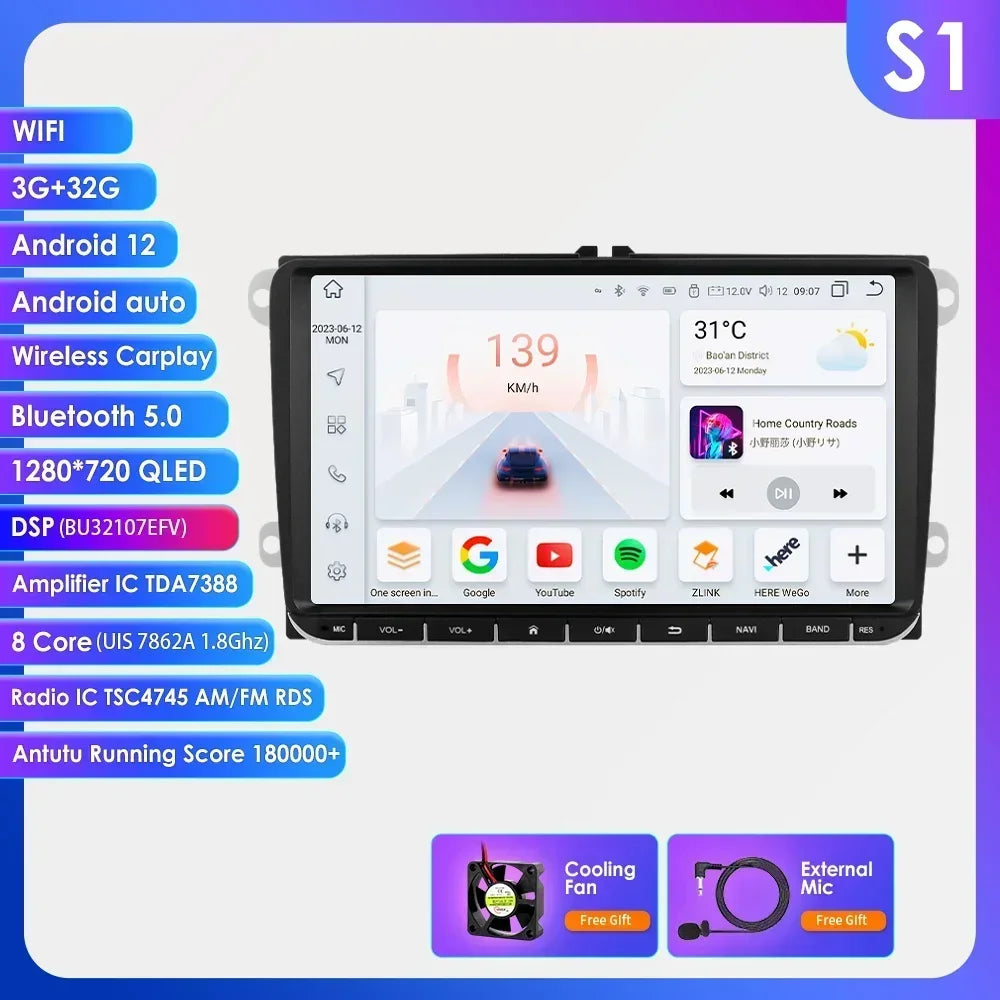 9" Radio 2din Android 14 Auto Carplay Car Multimedia Player for VW Volkswagen Golf Polo Tiguan Passat B7 B6 SEAT Leon 4G RDS BT