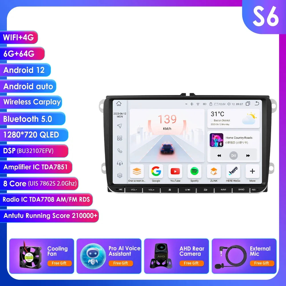 2 Din Carplay Android 14 for Volkswagen VW T5 Passat B6 Golf 6 5 Caddy Polo Touran Jetta Car Radio GPS Multimedia Player RDS BT