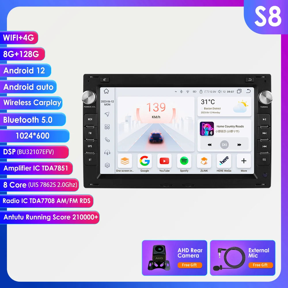7 Inch Wireless Carplay Android Auto Android 14 Radio Car Multimedia for VW Golf 4 Passat POLO Transport T5 Multivan Seat Jetta
