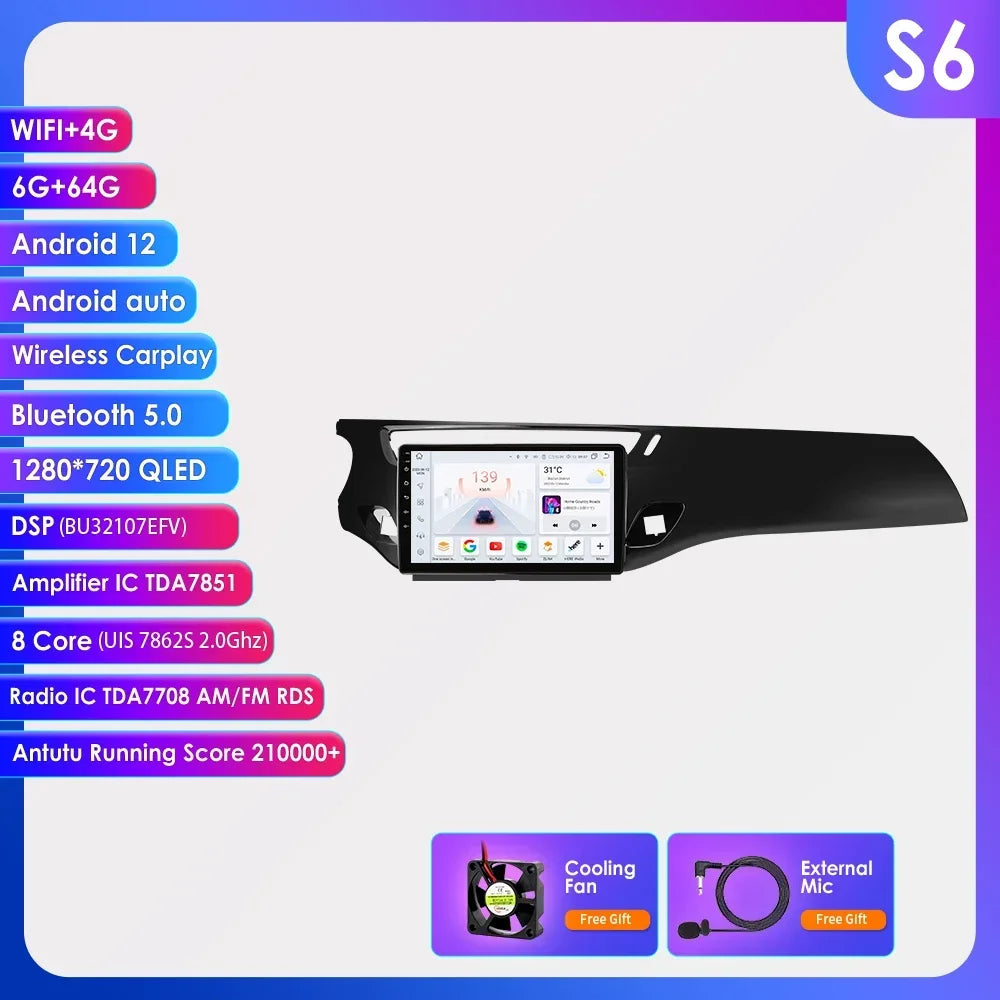 9" 2 Din Carplay Screen Android 13 Auto Radio for Citroen C3 DS3 2010 - 2016 Car Multimedia Player Navigation GPS RDS Stereo DSP