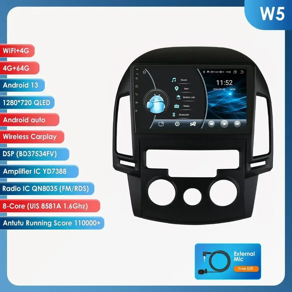 Android 13 Wireless Carplay for Hyundai I30 MT AT 2006 - 2011 9" Car Multimedia Player GPS Navi BT DSP 4G 2 Din Autoradio Stereo