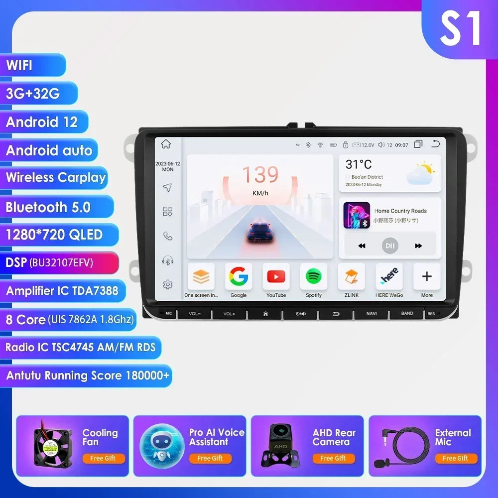 9" Radio 2din Android 14 Auto Carplay Car Multimedia Player for VW Volkswagen Golf Polo Tiguan Passat B7 B6 SEAT Leon 4G RDS BT