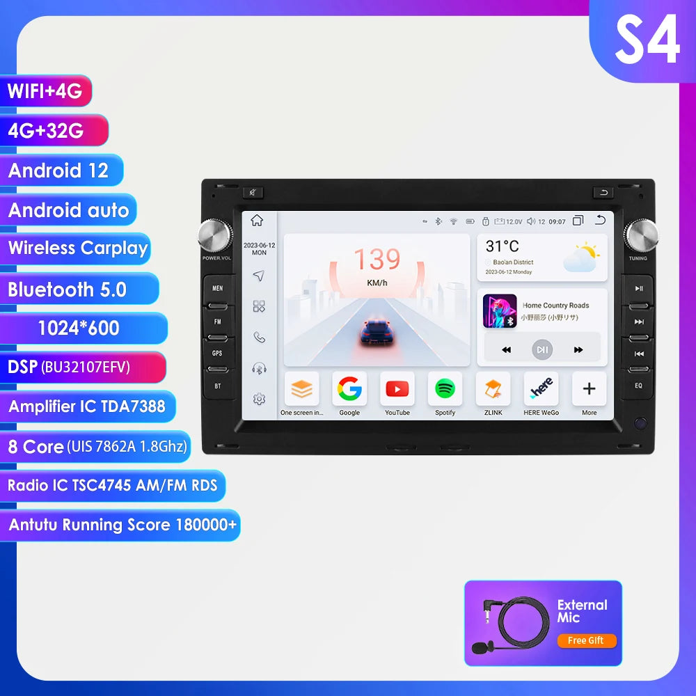 7 Inch Wireless Carplay Android Auto Android 14 Radio Car Multimedia for VW Golf 4 Passat POLO Transport T5 Multivan Seat Jetta