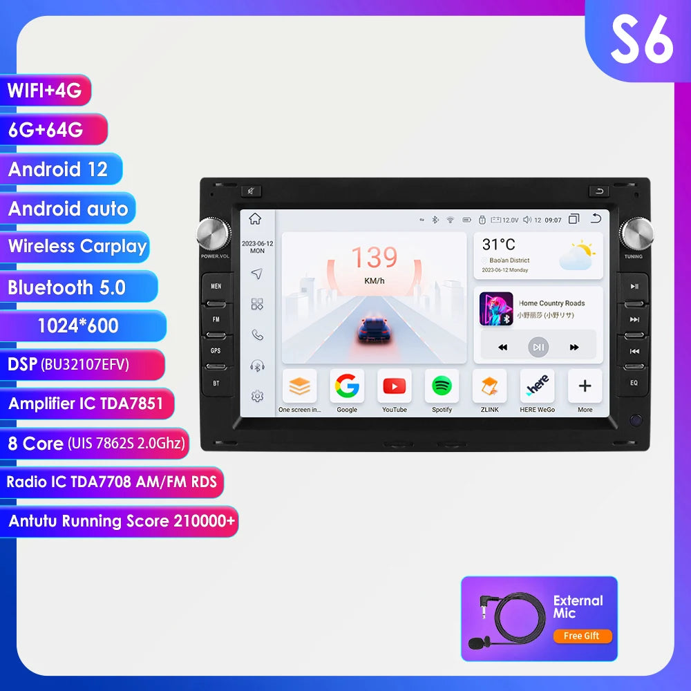 7 Inch Wireless Carplay Android Auto Android 14 Radio Car Multimedia for VW Golf 4 Passat POLO Transport T5 Multivan Seat Jetta