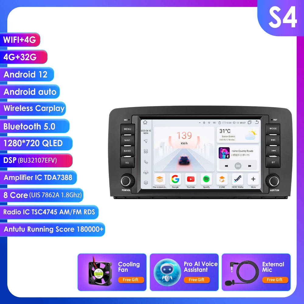 8" Android 14 Car Multimedia Player Wireless Carplay Android Auto for Mercedes Benz R-Class W251 R300 R280 R320 R350 2006-2012