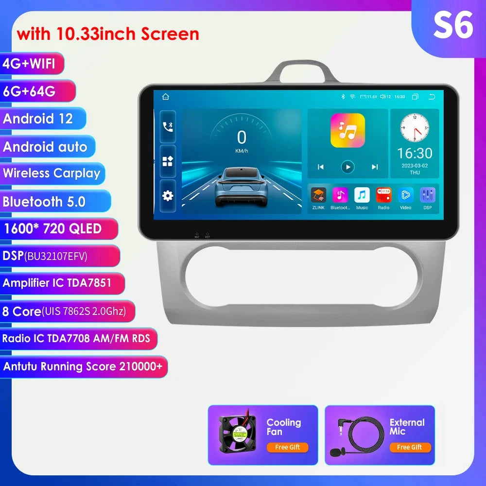 10.33" 2 Din Car Radio for Ford Focus Mk2 Carplay Android 13 Multimedia Video Player GPS Navigation Bluetooth Touch Screen RDS