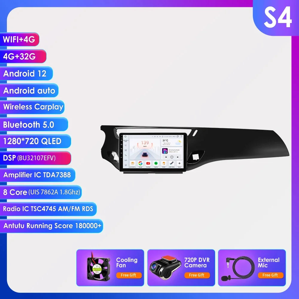 9" 2 Din Carplay Screen Android 13 Auto Radio for Citroen C3 DS3 2010 - 2016 Car Multimedia Player Navigation GPS RDS Stereo DSP