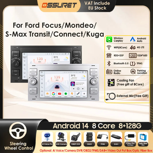 2din Carplay Android Car Radio Multimedia Player for Ford Mondeo Fiesta S-max Focus Galaxy Transit Fusion Connect Kuga GPS NOCAN