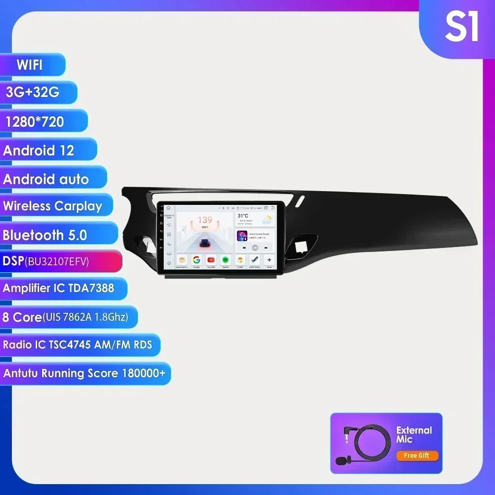 9" 2 Din Carplay Screen Android 13 Auto Radio for Citroen C3 DS3 2010 - 2016 Car Multimedia Player Navigation GPS RDS Stereo DSP