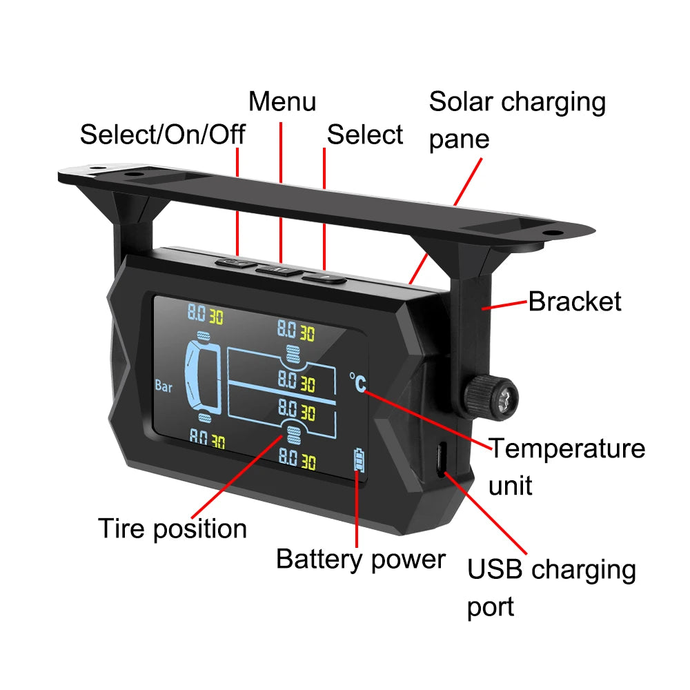 Solar Car RV Truck TPMS Tire Pressure Monitoring System With 4/6 External Sensors Wireless 180° Adjustable Bracket Waterproof