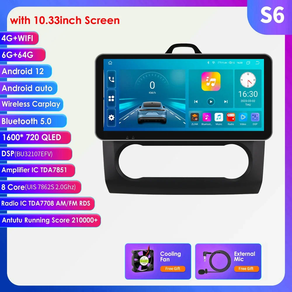 10.33" 2 Din Car Radio for Ford Focus Mk2 Carplay Android 13 Multimedia Video Player GPS Navigation Bluetooth Touch Screen RDS