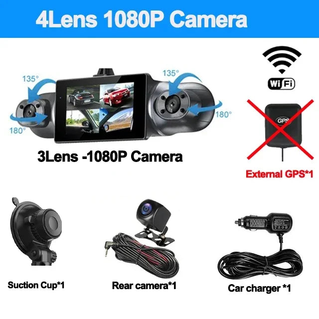 4 Channel 1080P Dash Cam for Cars WIFI GPS 360° Video Recorder Rear View Camera Car DVR 24H Hardware Kit  Assecories