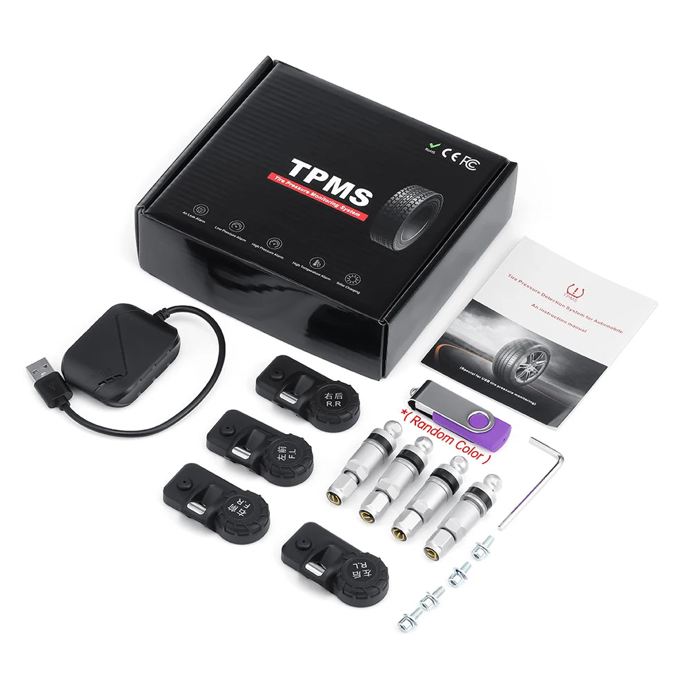 USB TPMS for Android Car Stereo Radio 4-Sensor Wireless Vehicle Auto Tire Pressure Monitoring Temperature Alarm System