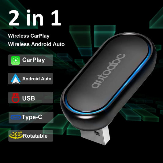 New 2-in-1 360 Degree Wireless Adapter CarPlay Android AUTO Car Dongle USB Smart Mini Box Plug & Play WiFi Fast Connectivity