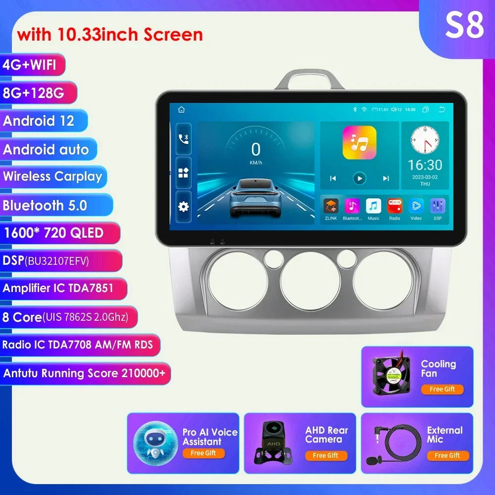 10.33" Wireless Carplay Android Auto for Ford Focus Mk2 2004-2011 Multimedia Player 2 Din Car Radio GPS Navigation BT RDS DSP 4G