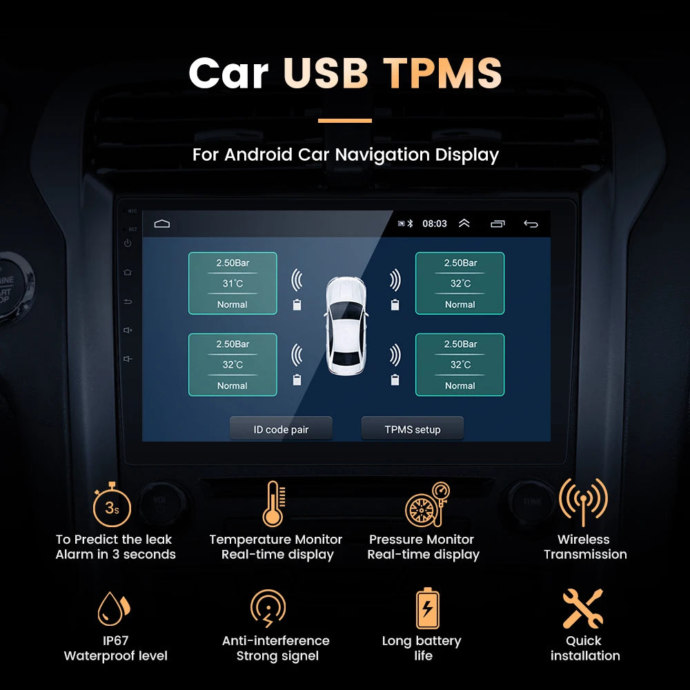 USB TPMS for Android Car Stereo Radio 4-Sensor Wireless Vehicle Auto Tire Pressure Monitoring Temperature Alarm System