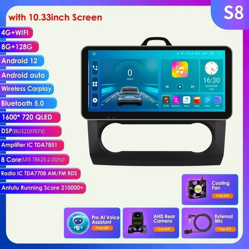 10.33" 2 Din Car Radio for Ford Focus Mk2 Carplay Android 13 Multimedia Video Player GPS Navigation Bluetooth Touch Screen RDS