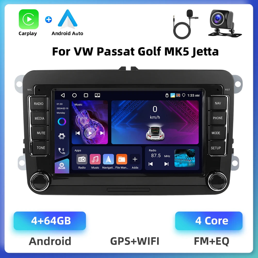 Podofo 4+64G 4Core Car Radio For VW/PASSAT/TOURAN/CADDY/BEETLE 2Din Car Stereo GPS Navigation Carplay Android Auto Car Audio
