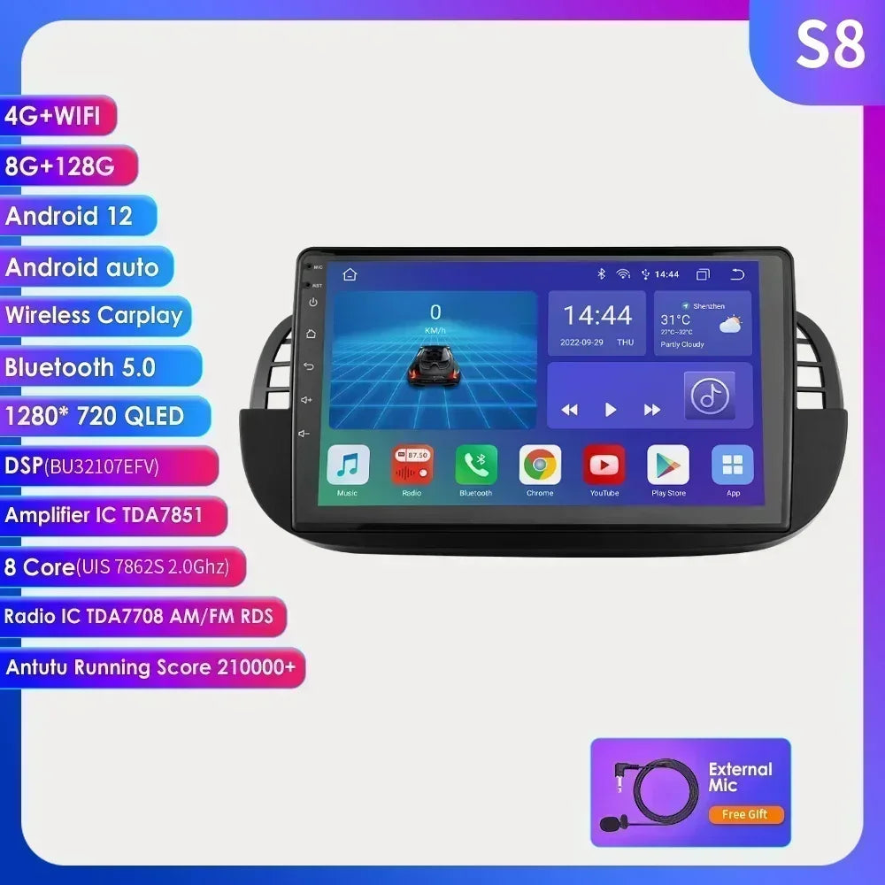 8 Core Android 13 Auto Car Radio Carplay for FIAT 500 2007-2014 Multimedia Video Player Stereo GPS Navi BT SWC RDS DSP 4G NO DVD