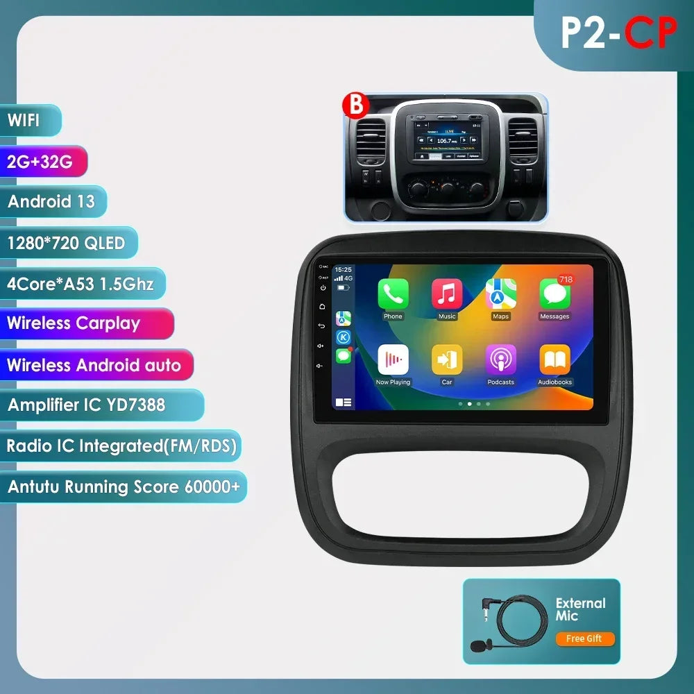 9" Wireless Carplay Android Auto Car Radio for Renault Trafic 3 Opel Vivaro B Multimedia Player GPS Navigation Stereo RDS DSP 4G