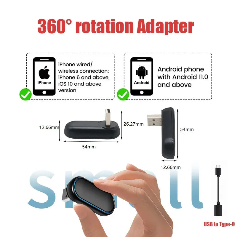 New 2-in-1 360 Degree Wireless Adapter CarPlay Android AUTO Car Dongle USB Smart Mini Box Plug & Play WiFi Fast Connectivity