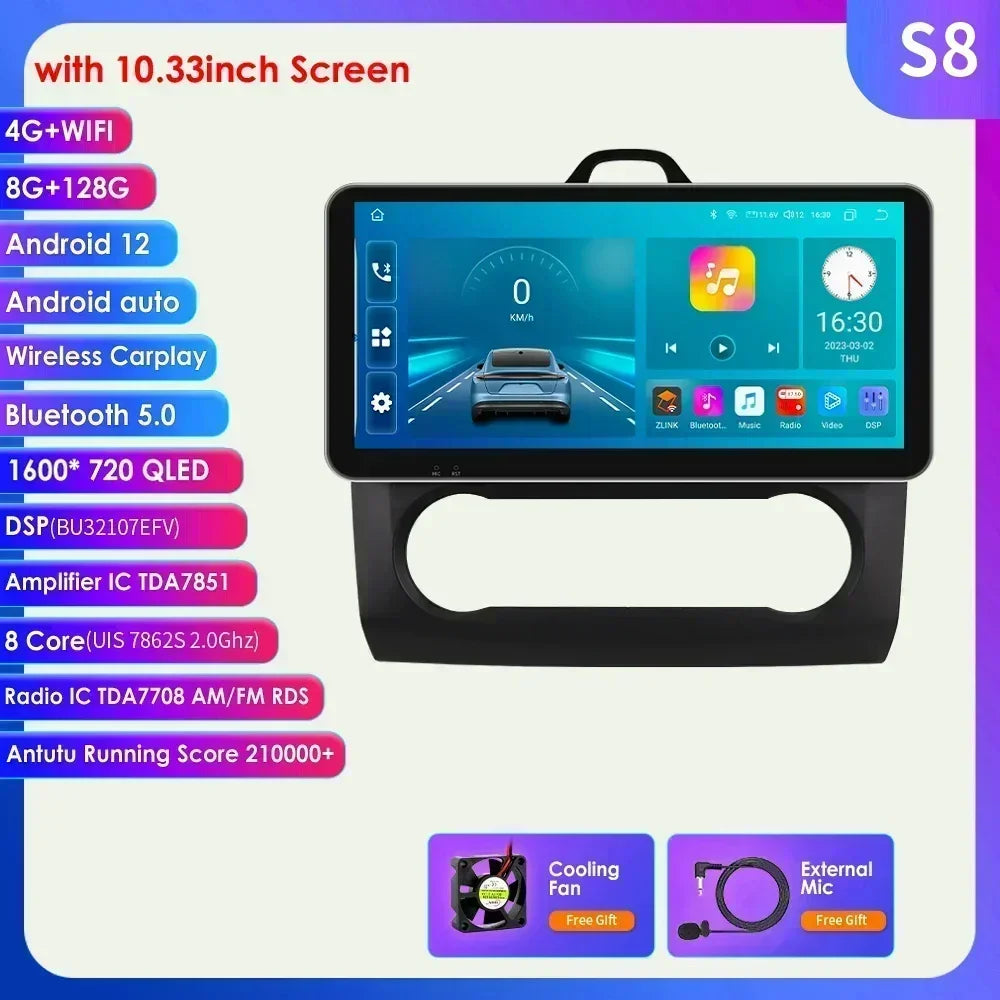 10.33" 2 Din Car Radio for Ford Focus Mk2 Carplay Android 13 Multimedia Video Player GPS Navigation Bluetooth Touch Screen RDS