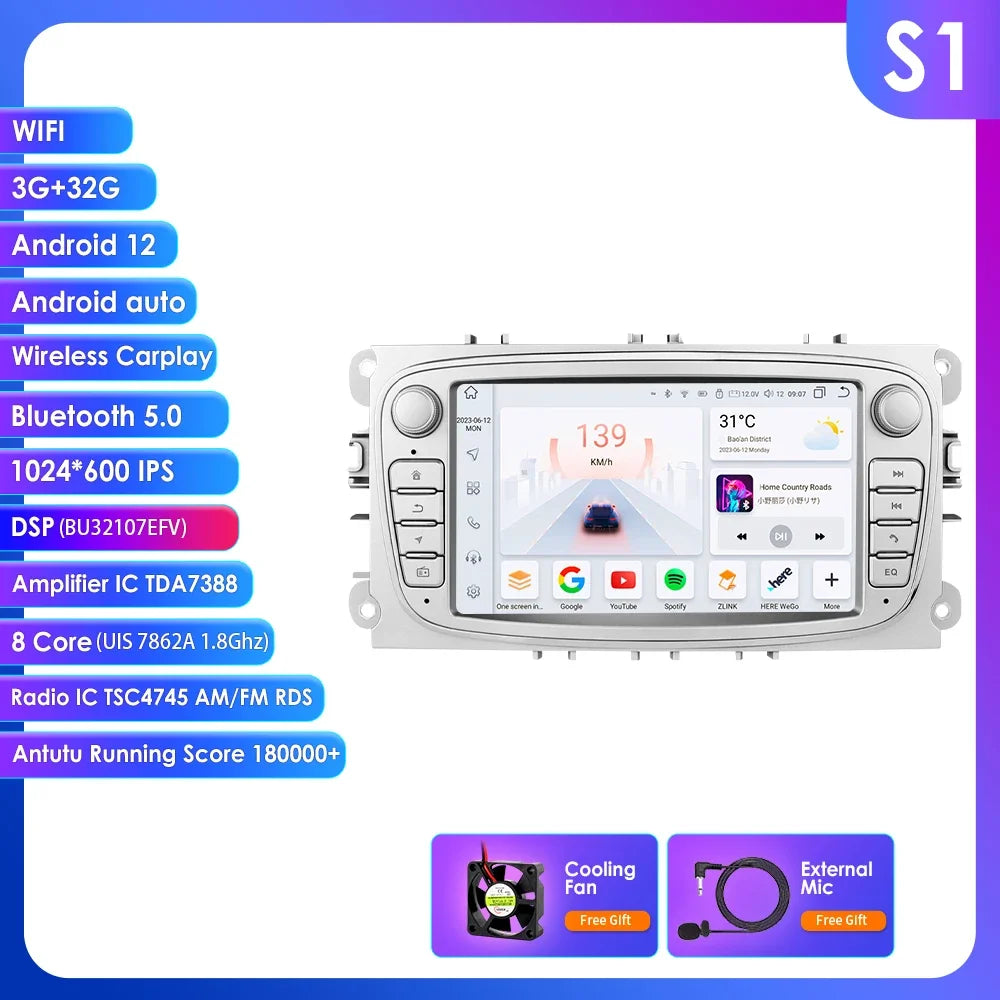 8G 128G 2 Din Carplay Android 13 for Ford Focus Mondeo Kuga C-MAX S-MAX Galaxy Car Radio Multimedia Player Audio Stereo GPS RDS