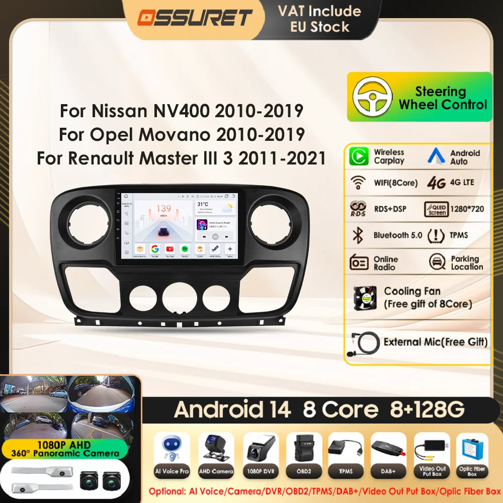 Car Multimedia Player Navigation Radio for Nissan NV400 2010-2019 for Opel Movano 2010-2019 for Renault Master lll 3 2011-2021
