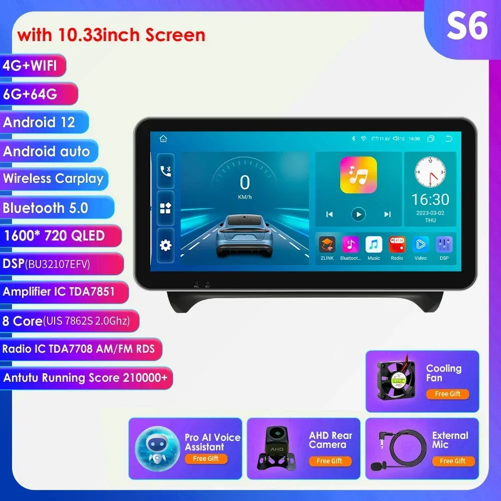 10.33" Wireless Carplay Android 13 Auto 8G+128G Car Radio Multimedia Player for AUDI TT MK2 8J 2006 2007-2014 GPS Navigation RDS