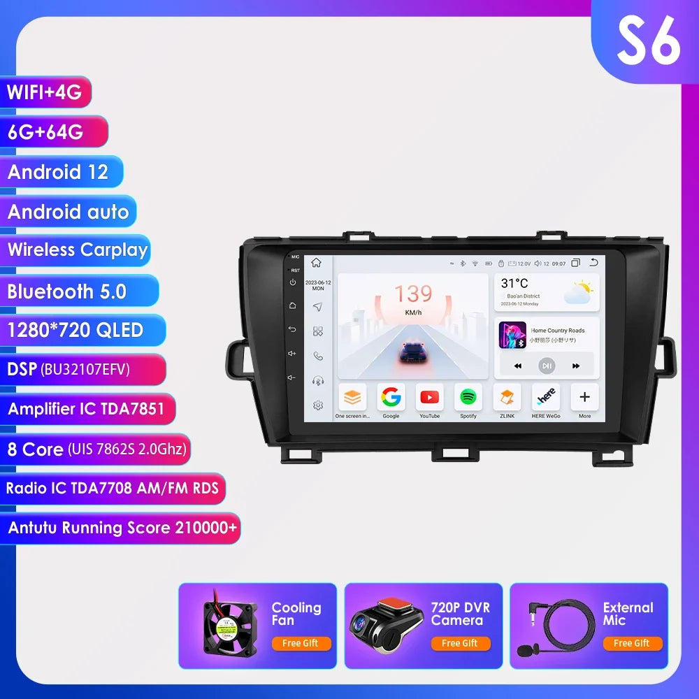 9" 2din Car Stereo Radio Video Multimedia Player for Toyota Prius 3 2009 - 2015 Android 13 Navigation GPS Autoradio 4G Head Unit