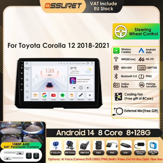 Wireless Carplay for Toyota Corolla 12 2018-2021 Android Autoradio 2 Din Car Radio Multimedia Player BT Navigation GPS Stereo 4G