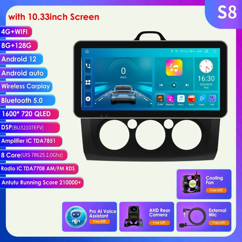 10.33" Wireless Carplay Android Auto for Ford Focus Mk2 2004-2011 Multimedia Player 2 Din Car Radio GPS Navigation BT RDS DSP 4G