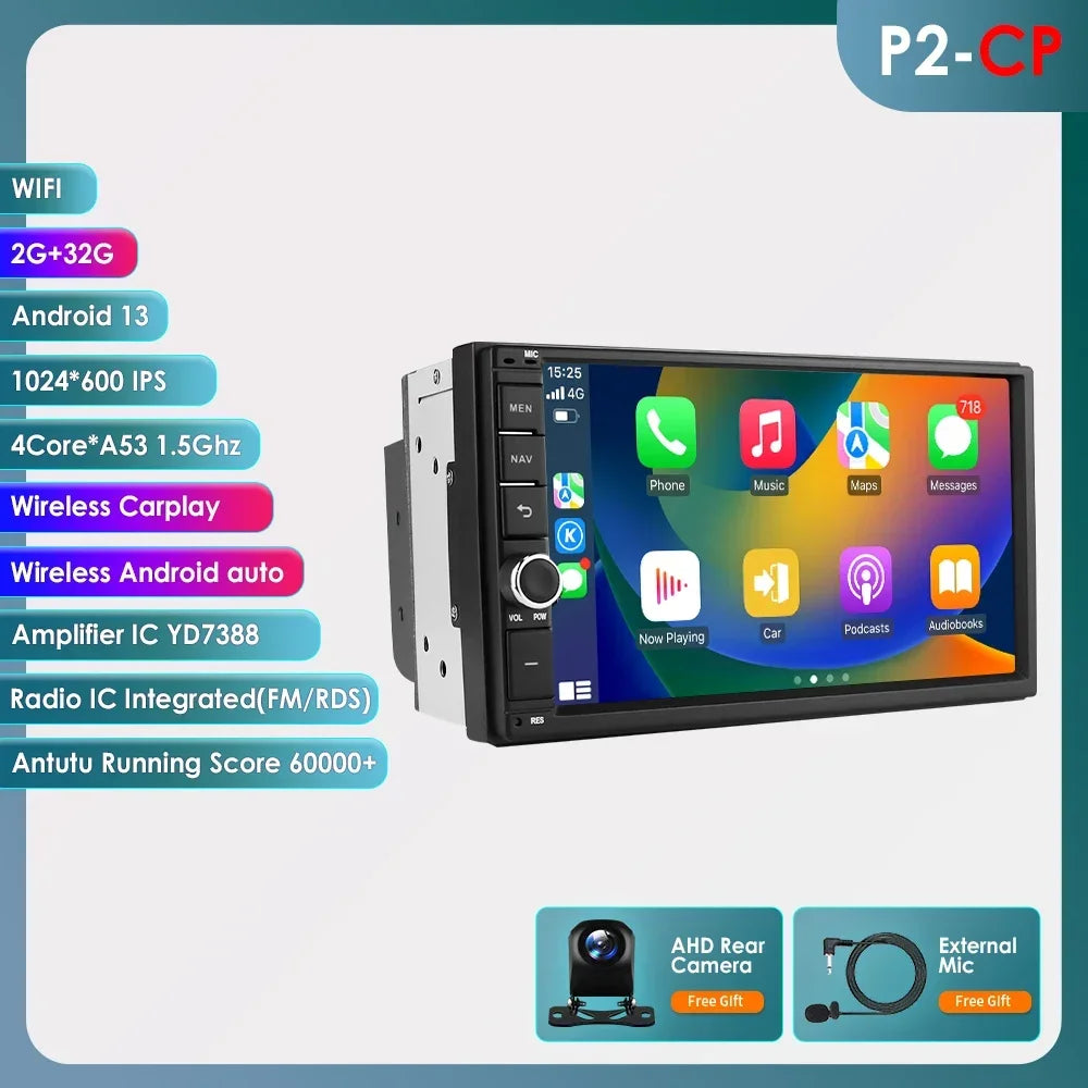 OSSURET Universal Android 14 4G 64G 7'' 2 Din Car Multimedia Player with BT GPS DSP for Toyota Verso Nissan Qashqai Hyundai I 10