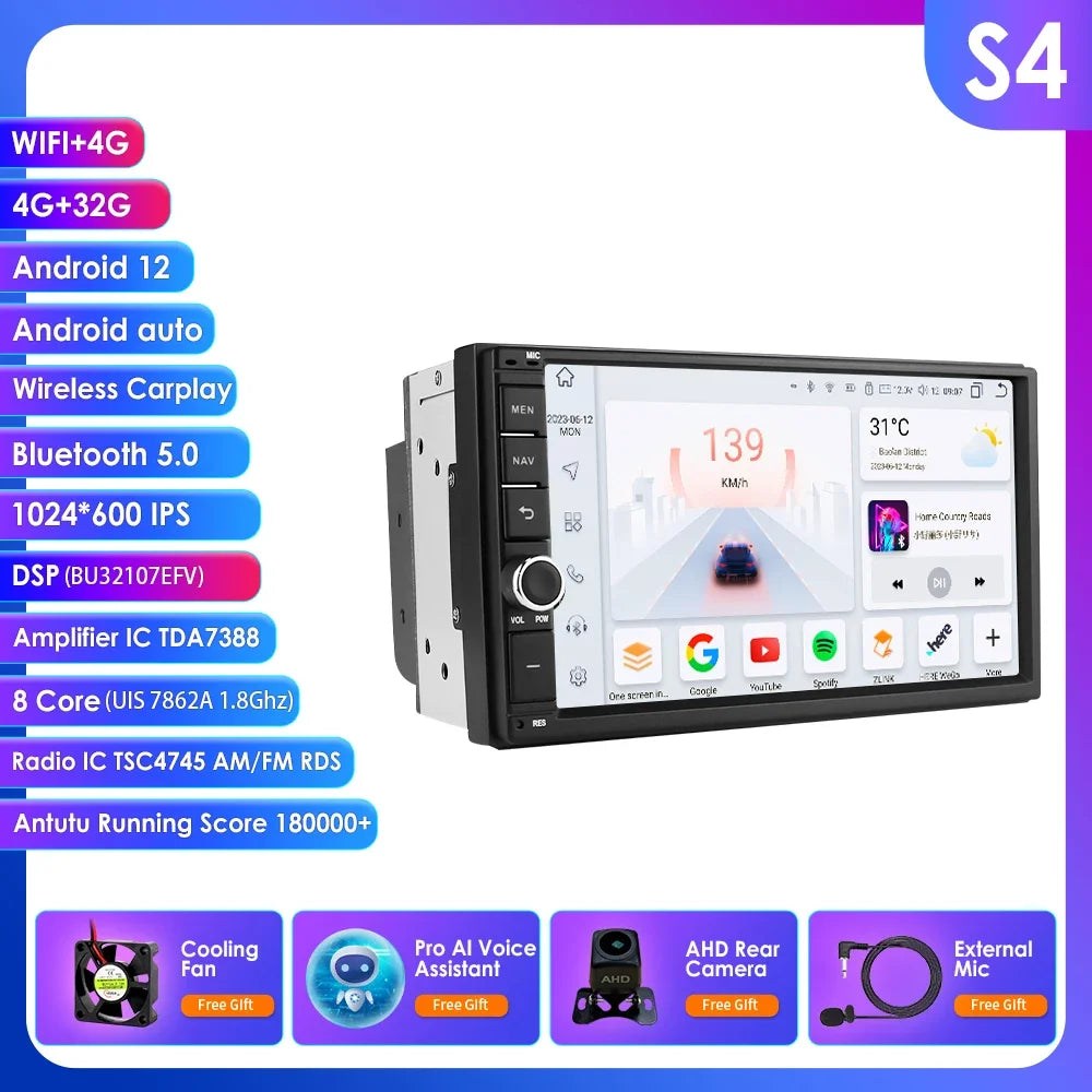 OSSURET Universal Android 14 4G 64G 7'' 2 Din Car Multimedia Player with BT GPS DSP for Toyota Verso Nissan Qashqai Hyundai I 10