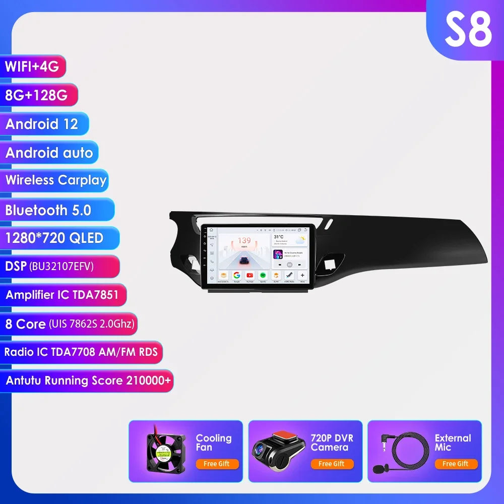 9" 2 Din Carplay Screen Android 13 Auto Radio for Citroen C3 DS3 2010 - 2016 Car Multimedia Player Navigation GPS RDS Stereo DSP